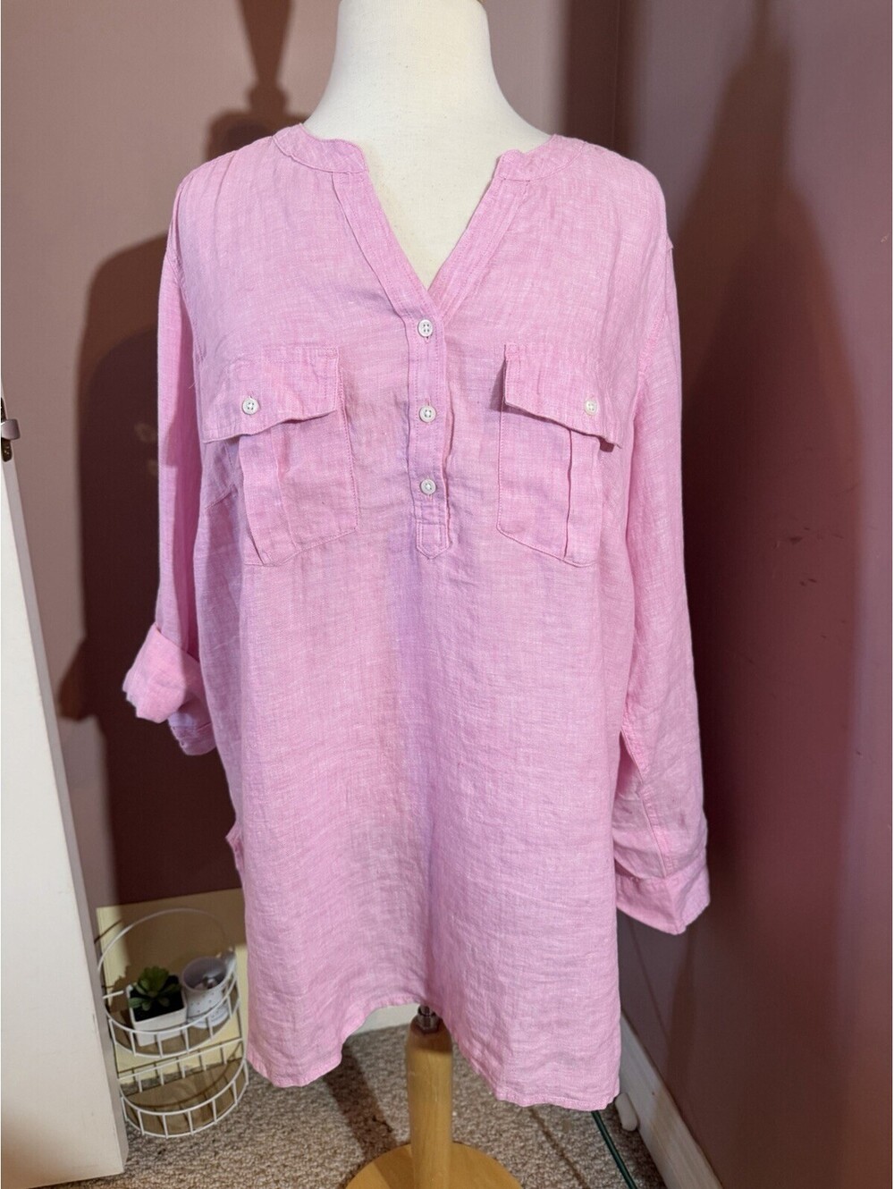 Talbots Linen Popover Tunic Womens 2X Pink Roll Tab Sleeve Top
